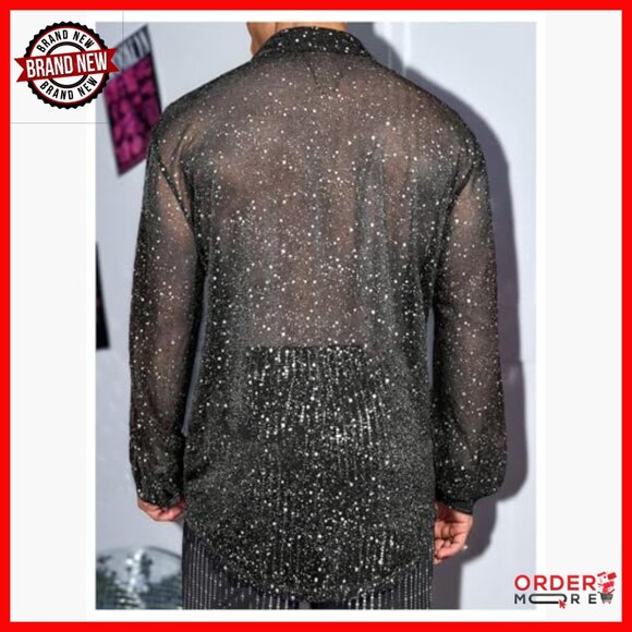 Men's Sparkly Sequin Sheer Mesh Button Down Shirt Long Sleeve Party Top - Picture 2 of 2